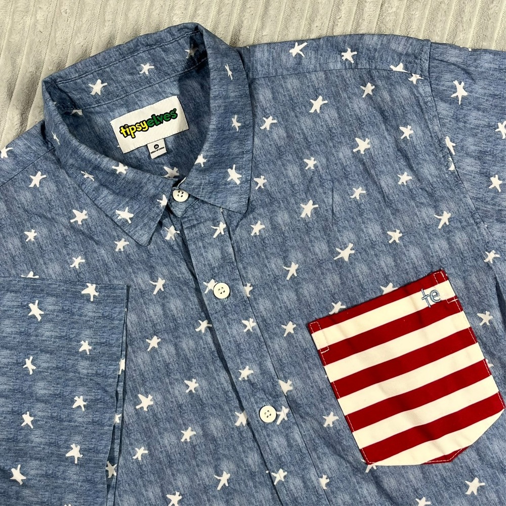 Tipsy Elves Short Sleeve Button Up Shirt Men's M Patriotic Stars Stripes 4th BBQ